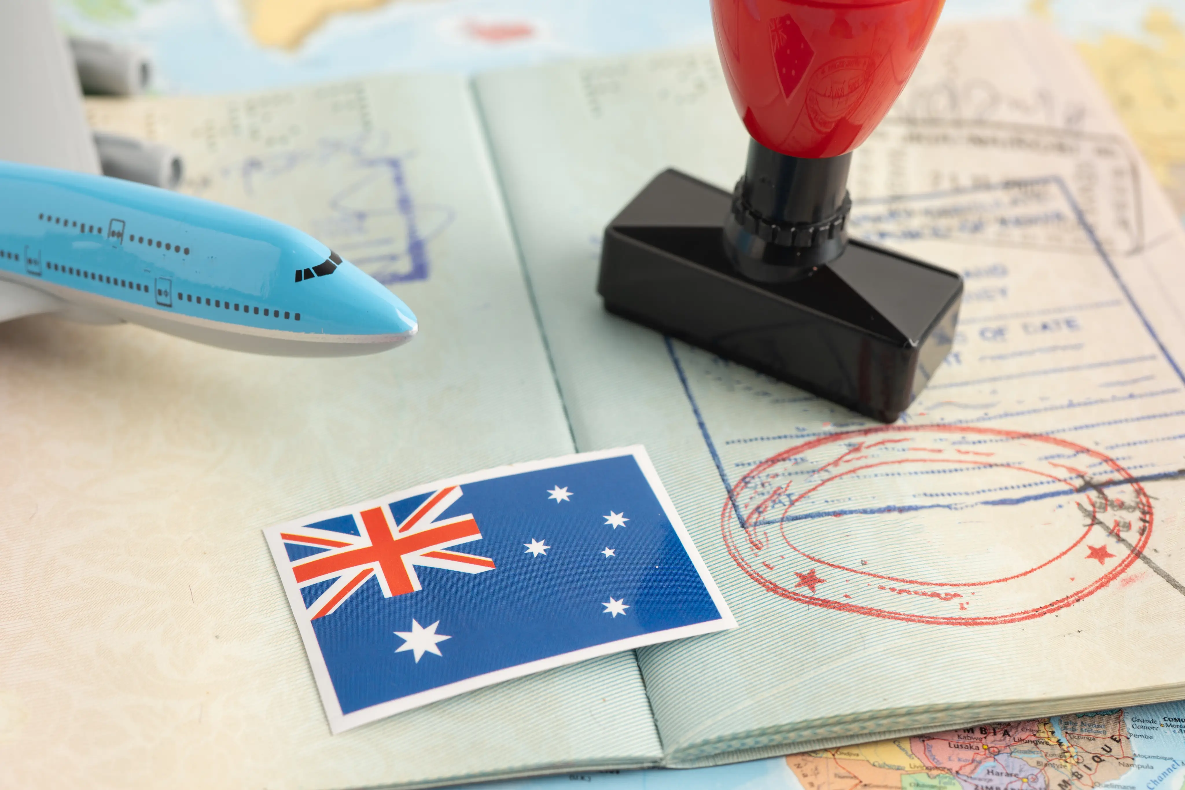 Australian flag, passport and visa-related documents