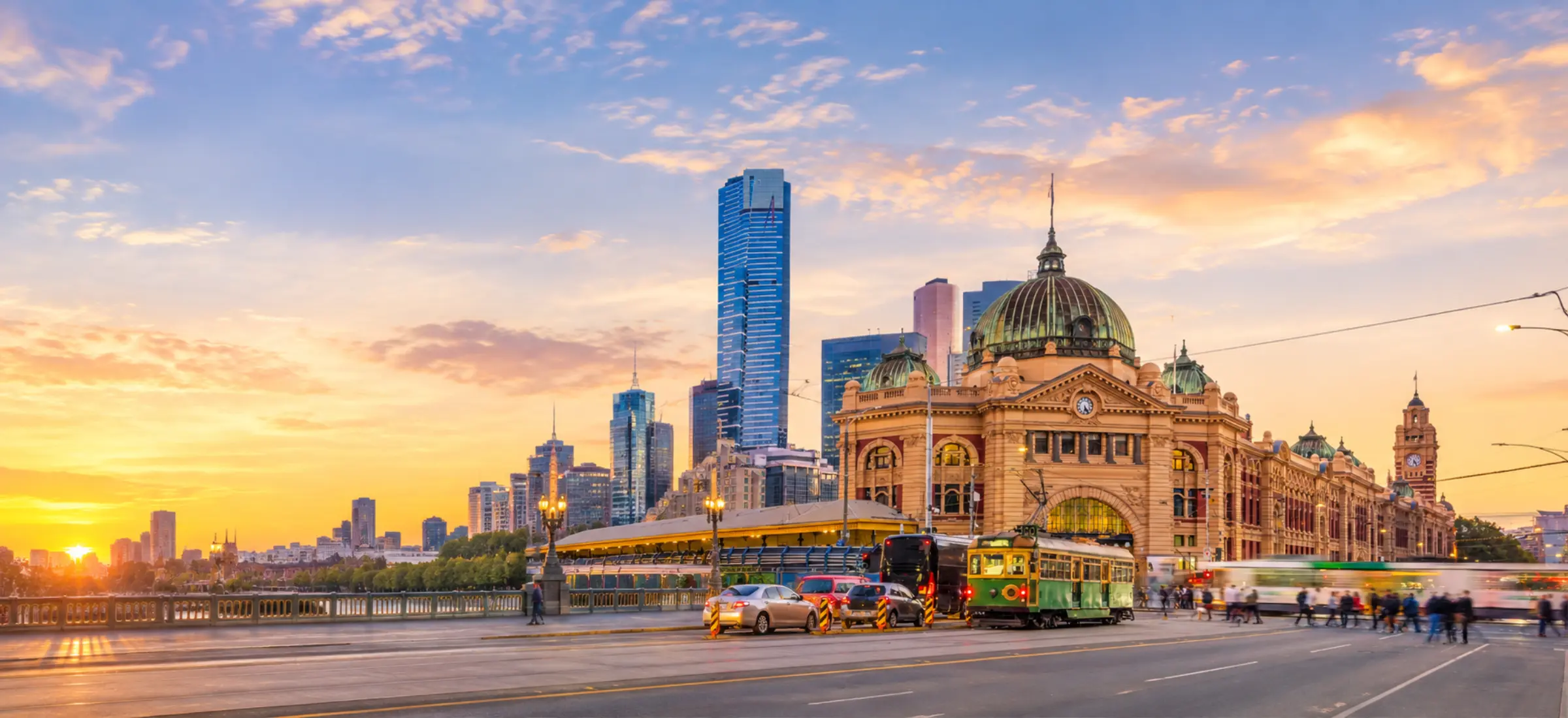 Flinders Street Station and Melbourne's skyline at sunset