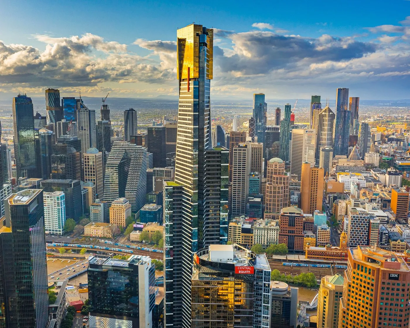 Wide view across Melbourne's city skyline from above